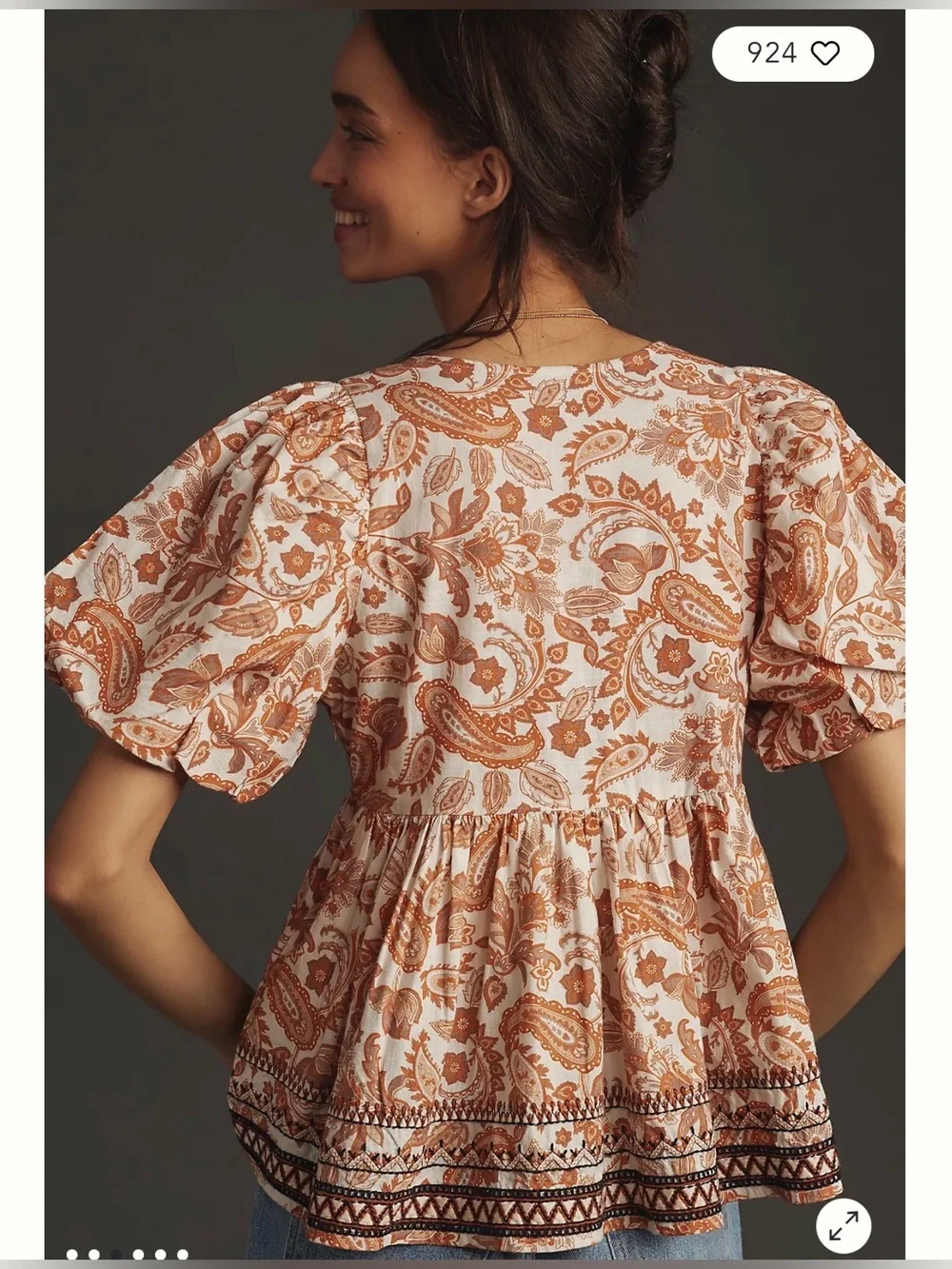Anthropologie Puff-Sleeve Peasant  babydoll Top in Rust Paisley SZ:L